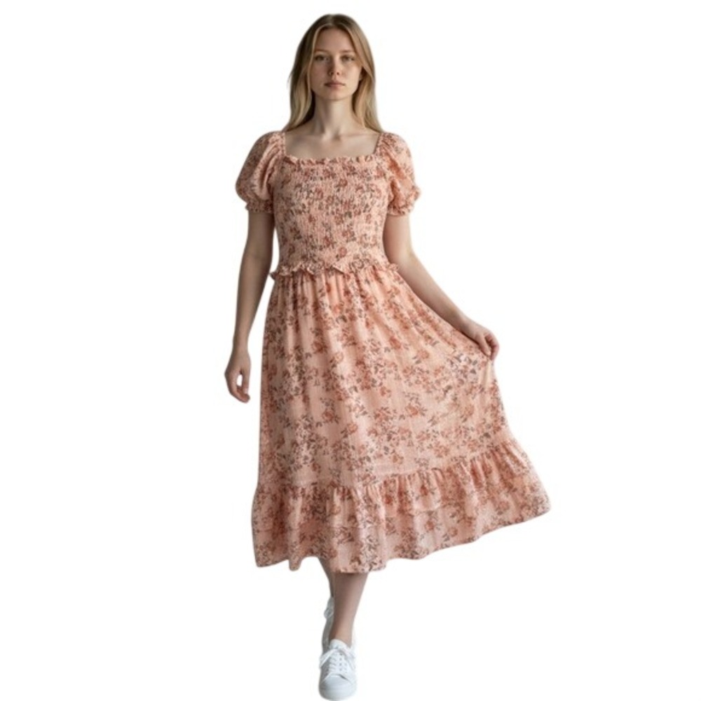 Celebrity Floral Smocked Milkmaid Midi Dress Large Pink Cottage Fairy Sundress